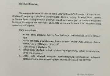 Informacja o rozpoczęciu działalności placówki Dziennego Domu Seniora w Starym Sączu współfinansowanej ze środków Programu FEM 2021-2027