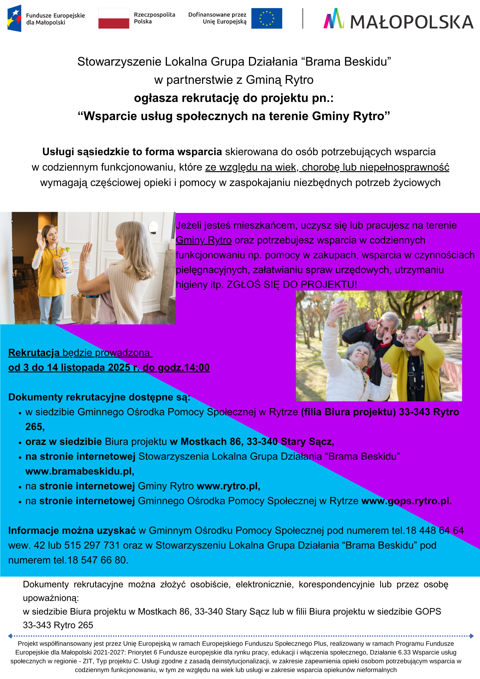 Rekrutacja do projektu pn. „Wsparcie usług społecznych na terenie Gminy Rytro”.