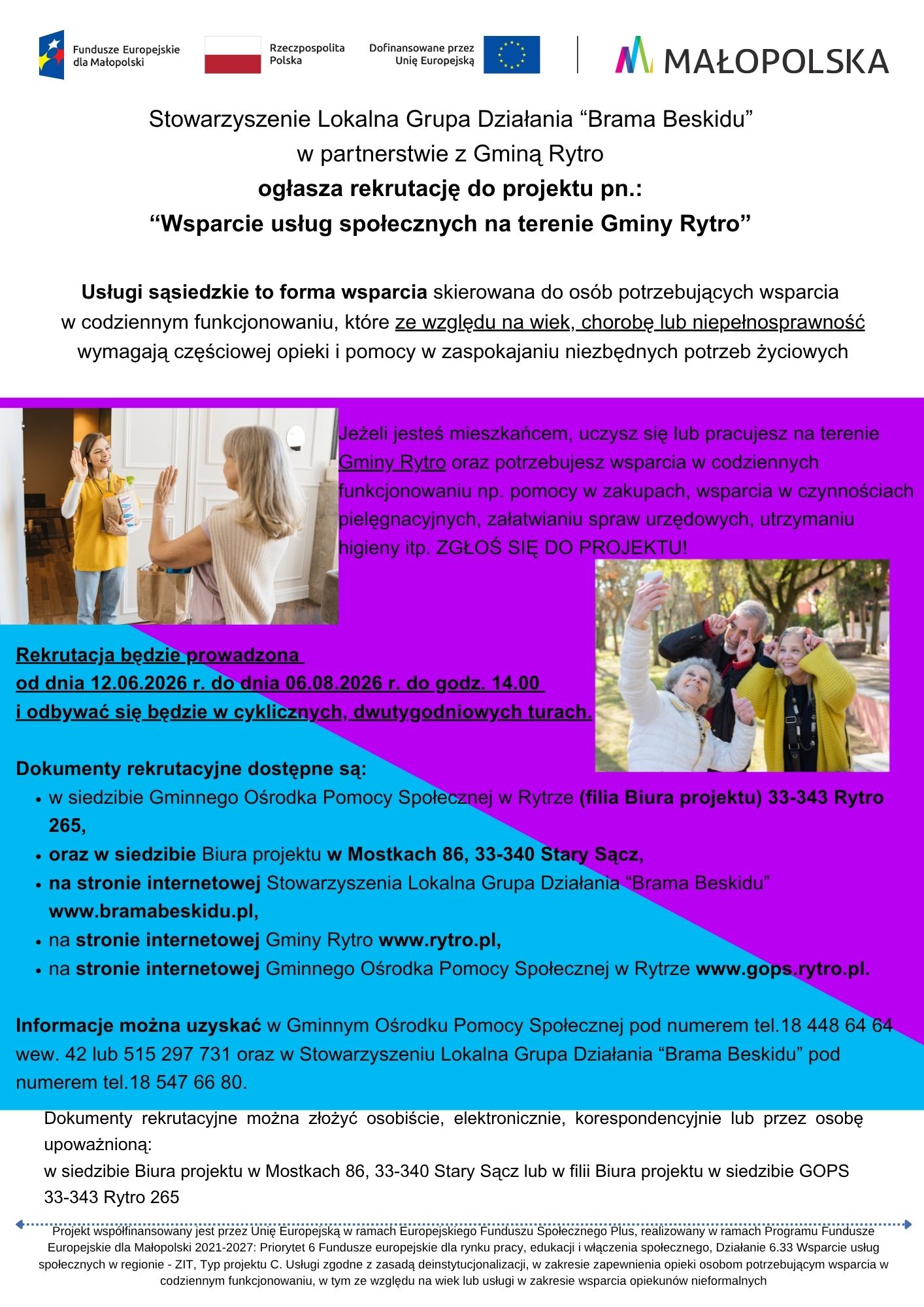 Rekrutacja do projektu pn. „Wsparcie usług społecznych na terenie Gminy Rytro”.